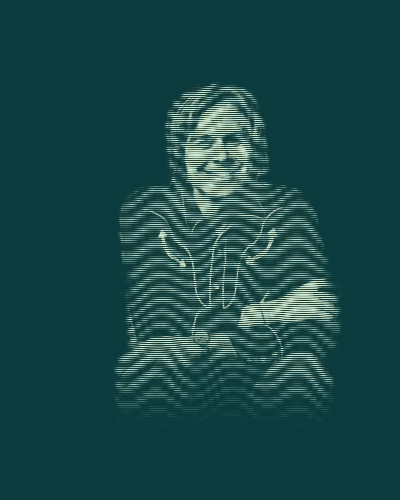 Engraved portrait of David Dewese, seated and smiling, in a dark western shirt with piped yokes, his arms folded across his knees.