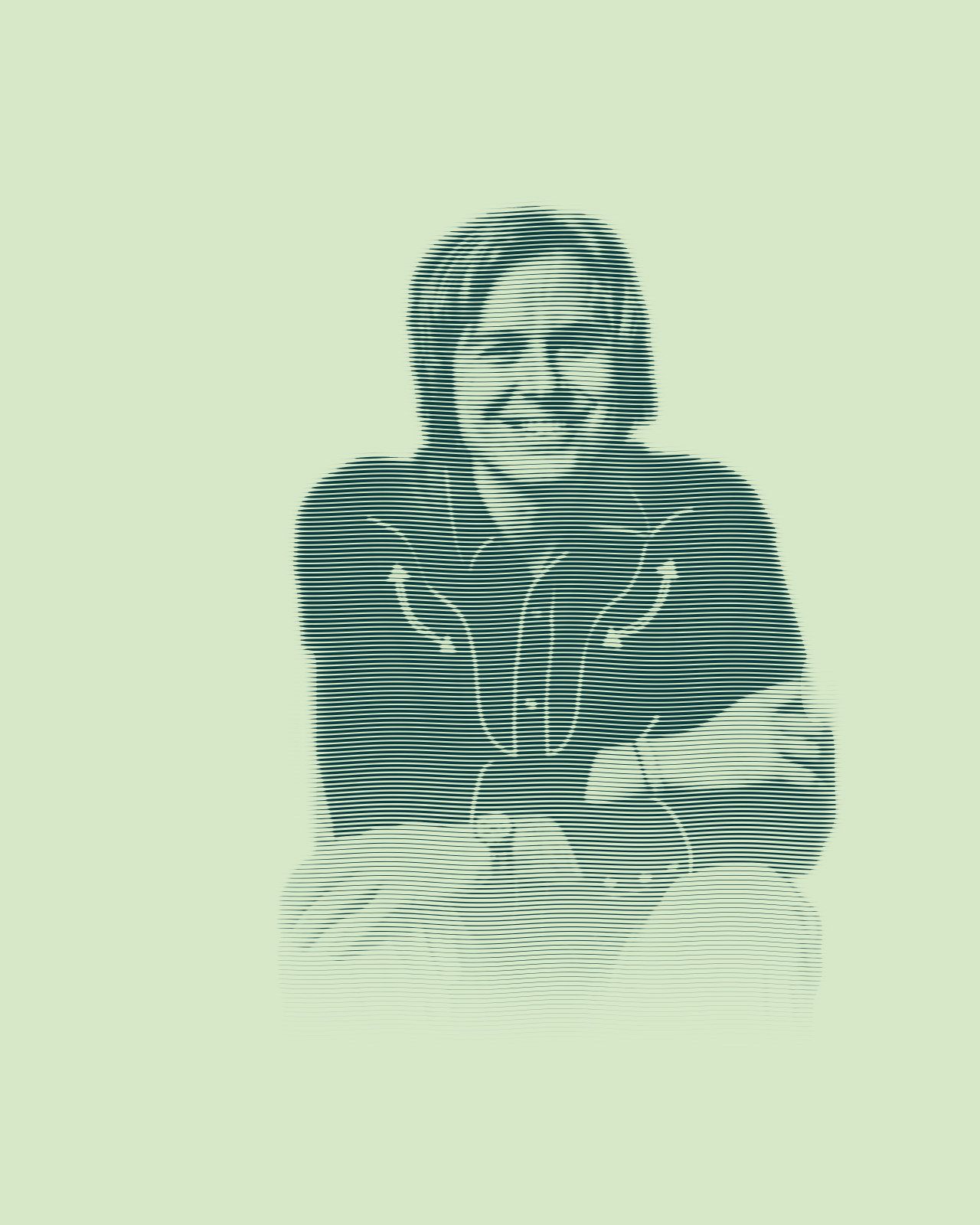 Engraved portrait of David Dewese, seated and smiling, in a dark western shirt with piped yokes, his arms folded across his knees.