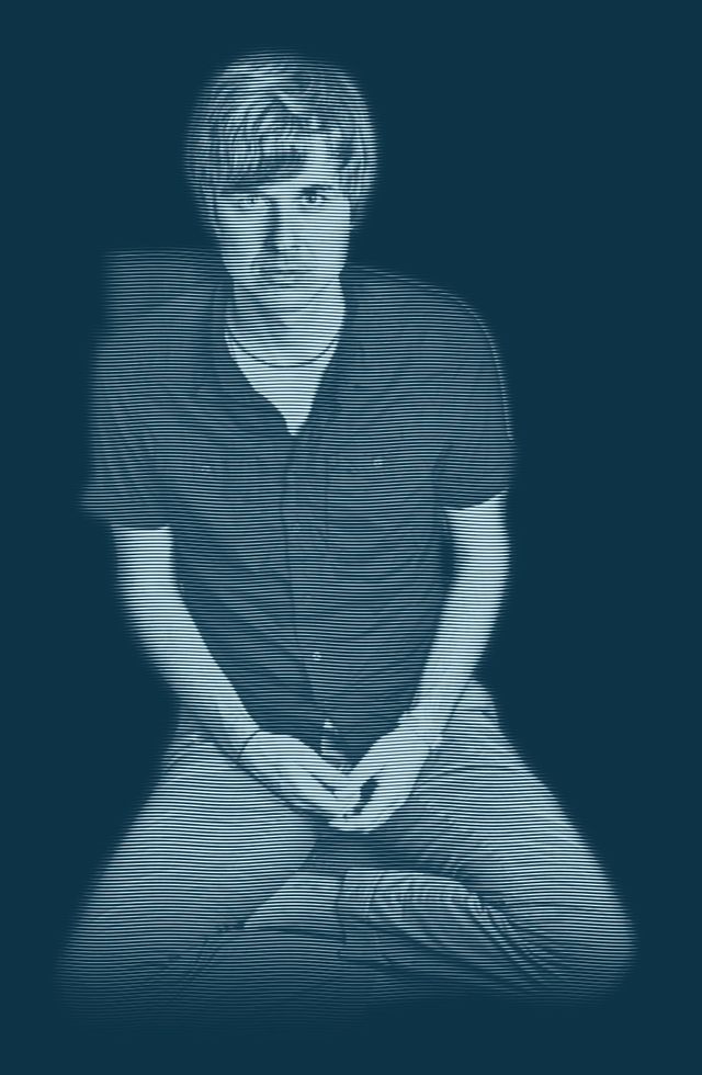 Engraved portrait of David Dewese sitting cross-legged on the floor in a black shirt, hands clasped.