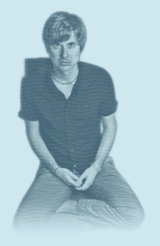 Engraved portrait of David Dewese sitting cross-legged on the floor in a black shirt, hands clasped.
