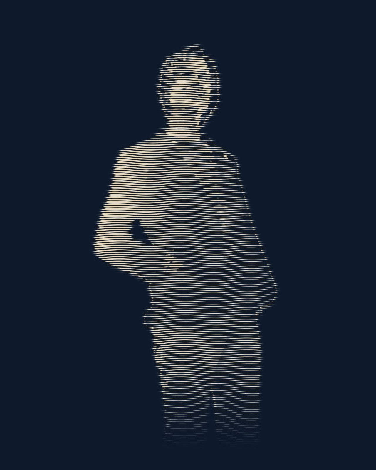 Engraved portrait of David Dewese standing with his hands in the pockets of a corduroy blazer, gazing up and to the right.