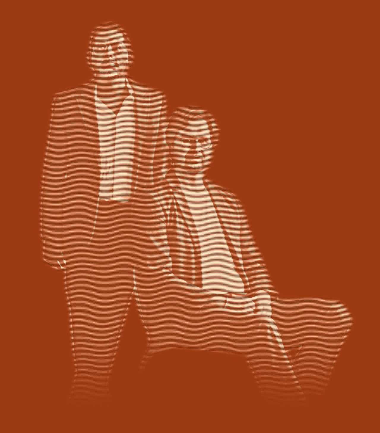 Engraved portrait of The Foxymorons: Jerry James, in a velvet blazer, stands beside David Dewese, who sits in glasses and a blazer, hands clasped over his knee.