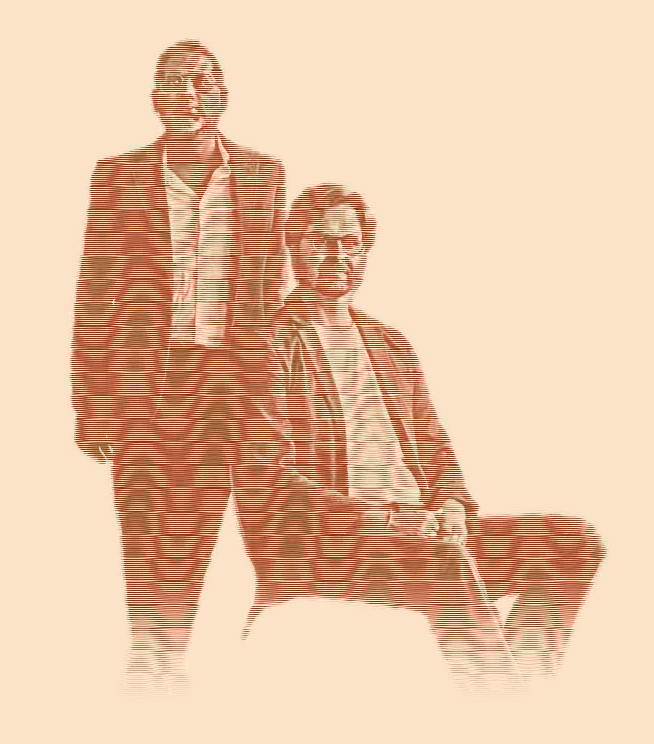 Engraved portrait of The Foxymorons: Jerry James, in a velvet blazer, stands beside David Dewese, who sits in glasses and a blazer, hands clasped over his knee.