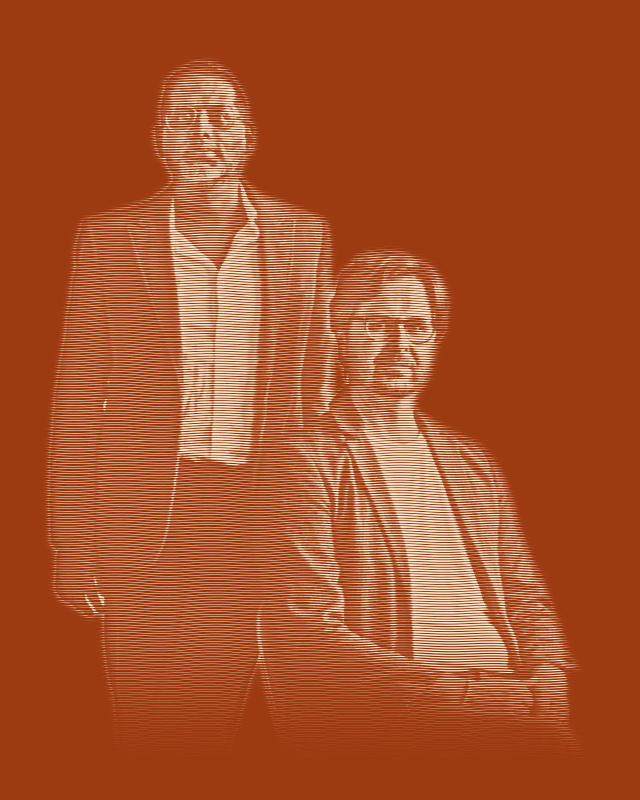 Engraved portrait of The Foxymorons: Jerry James, in a velvet blazer, stands beside David Dewese, seated in glasses and a blazer.