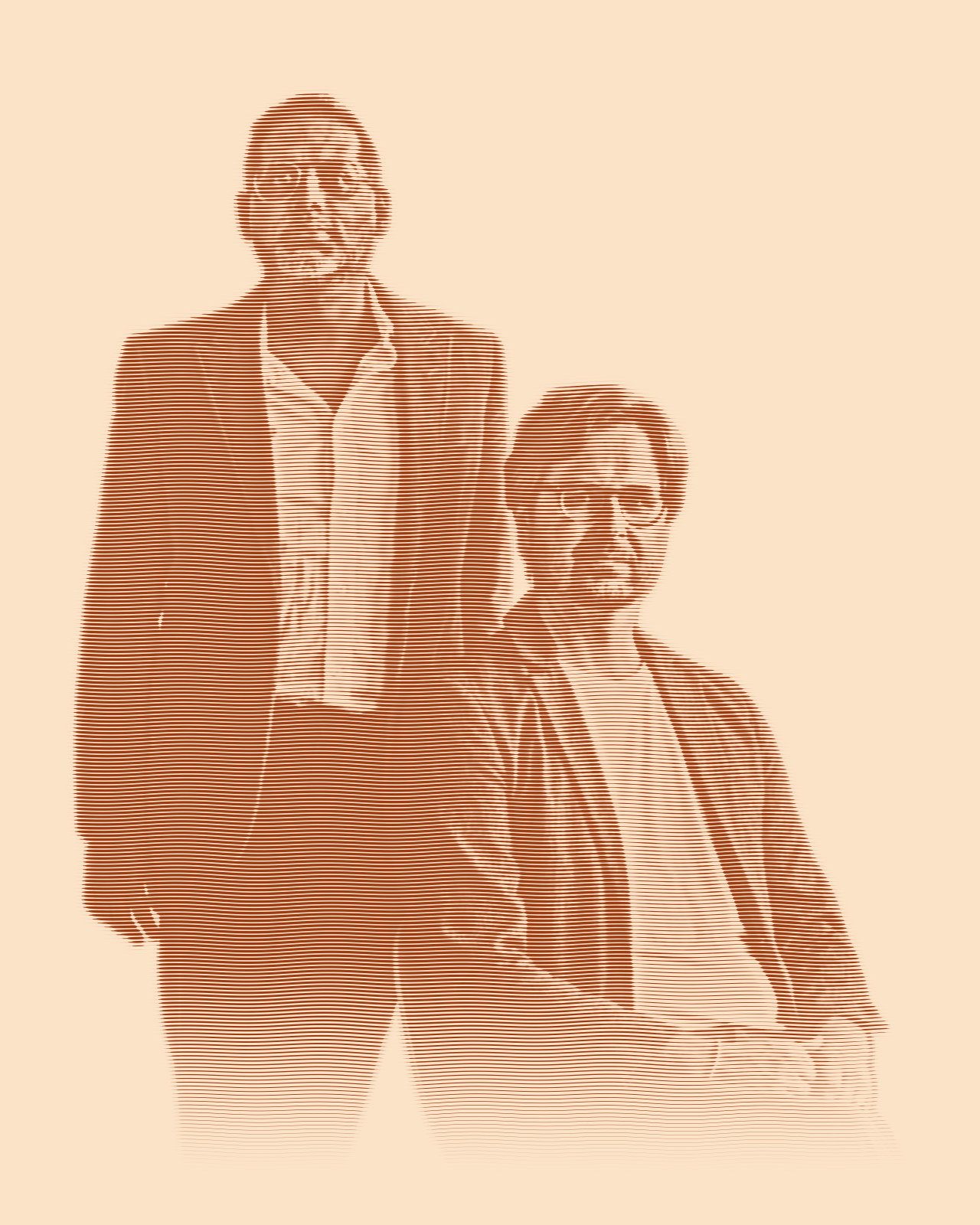 Engraved portrait of The Foxymorons: Jerry James, in a velvet blazer, stands beside David Dewese, seated in glasses and a blazer.