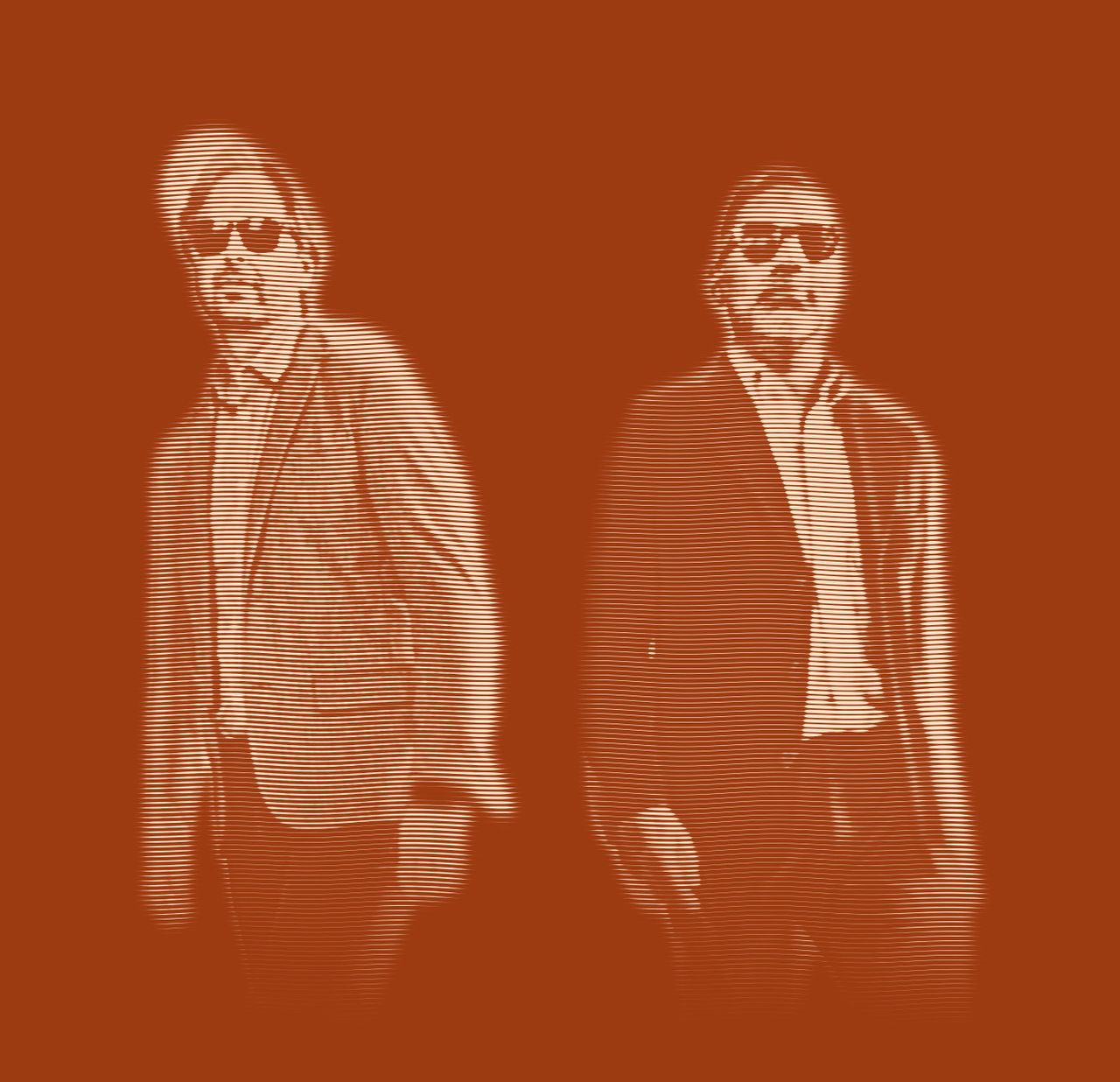 Engraved portrait of The Foxymorons, David Dewese and Jerry James, walking side by side in sunglasses and blazers, looking off to one side.