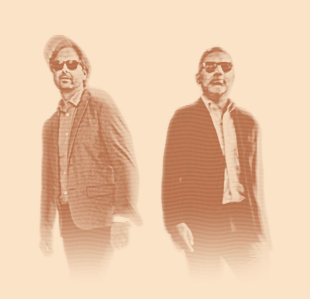Engraved portrait of The Foxymorons, David Dewese and Jerry James, walking side by side in sunglasses and blazers, looking off to one side.