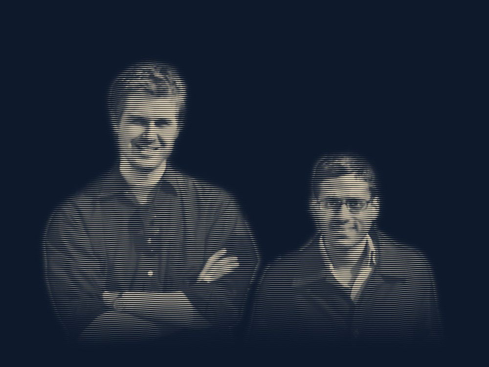 Engraved portrait of The Foxymorons at the Loveless Motel, standing side by side, one with his arms folded, the other in a dark coat.