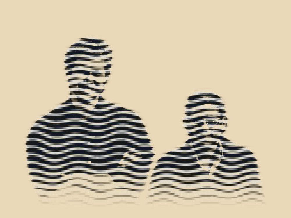 Engraved portrait of The Foxymorons at the Loveless Motel, standing side by side, one with his arms folded, the other in a dark coat.