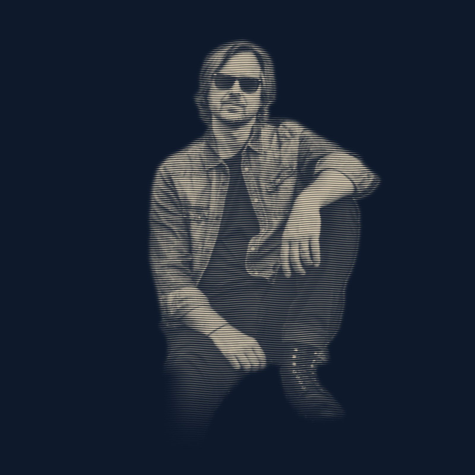 Engraved portrait of David Dewese in sunglasses and a denim shirt, sitting with one arm resting on a raised knee.