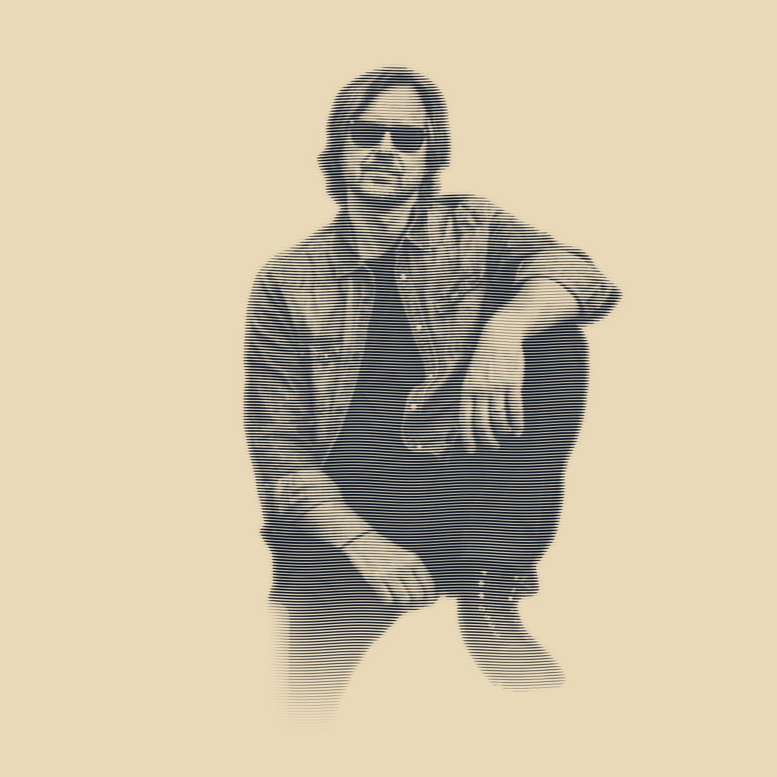 Engraved portrait of David Dewese in sunglasses and a denim shirt, sitting with one arm resting on a raised knee.