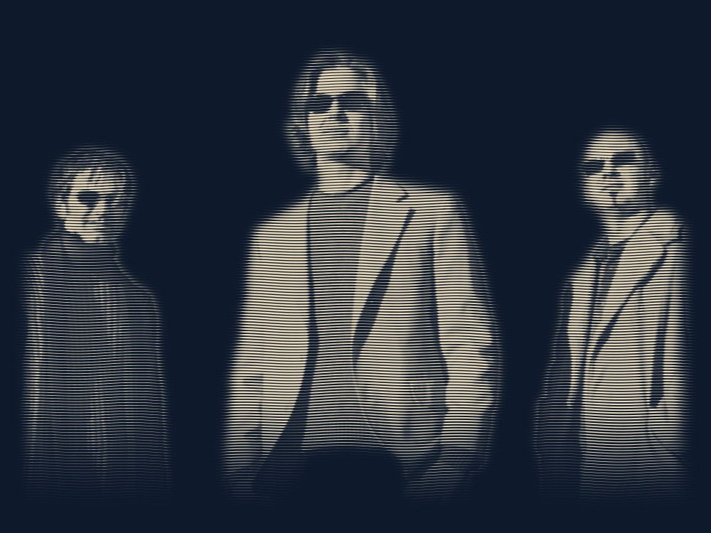 Engraved portrait of The Luxury Liners’ three members in sunglasses, seen from below.
