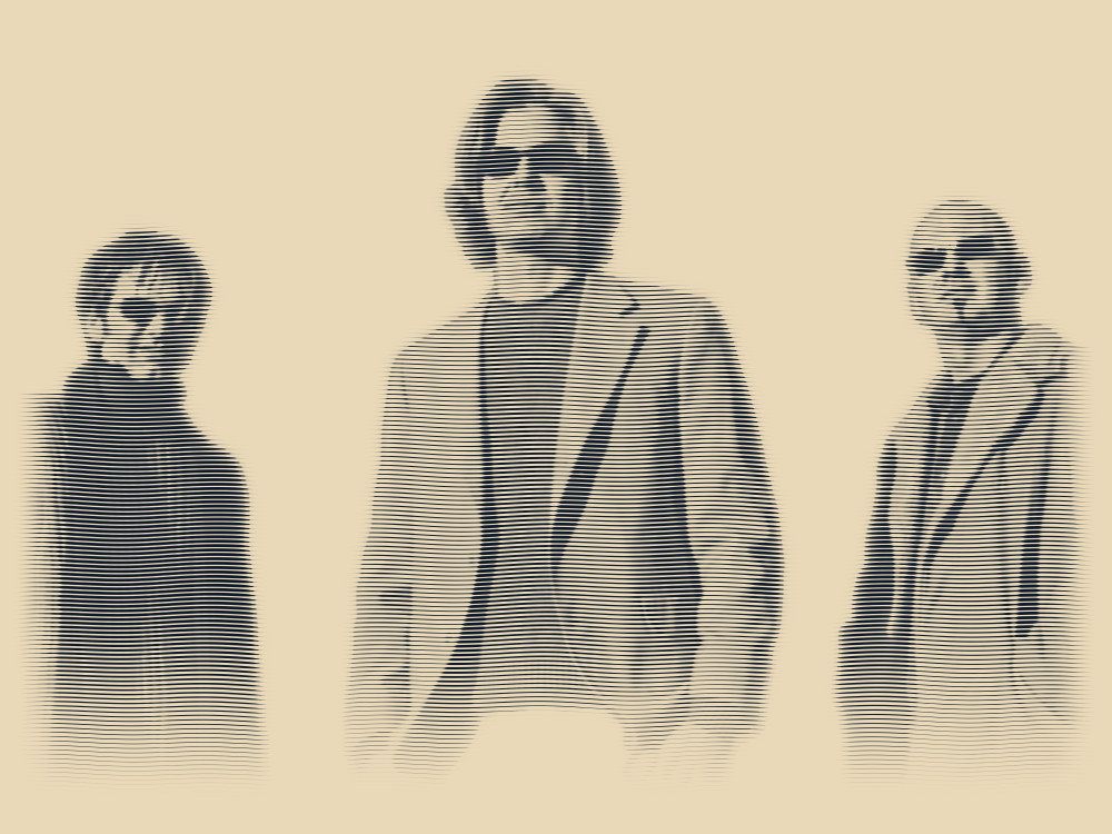 Engraved portrait of The Luxury Liners’ three members in sunglasses, seen from below.