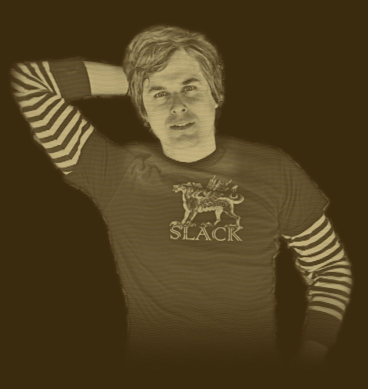 Engraved portrait of David Dewese lying back with one arm behind his head, in a T-shirt over a striped long-sleeved shirt.
