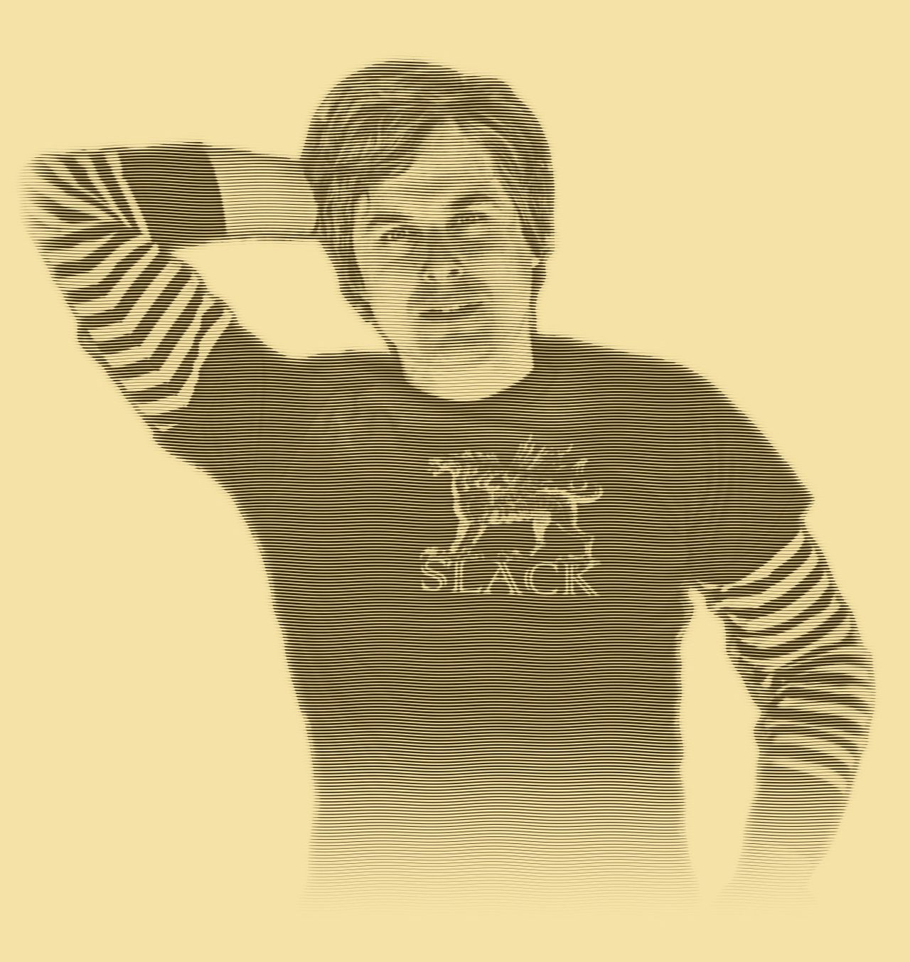 Engraved portrait of David Dewese lying back with one arm behind his head, in a T-shirt over a striped long-sleeved shirt.