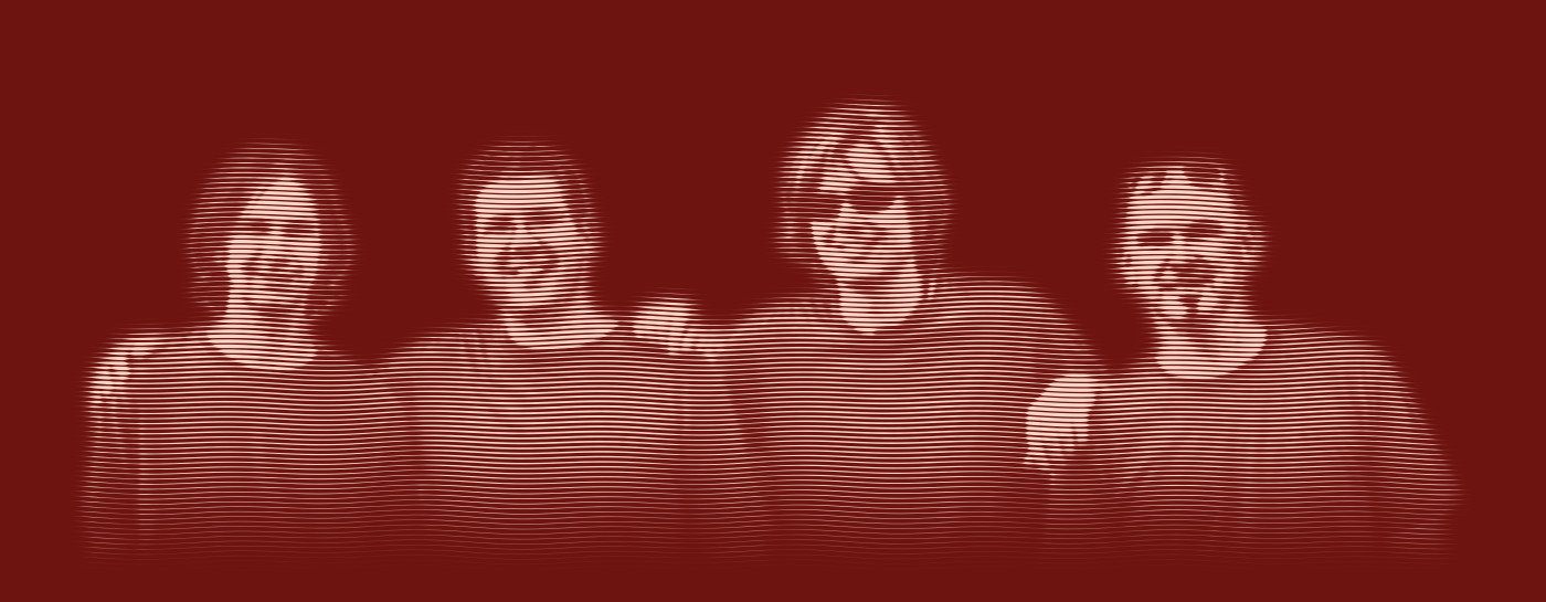 Engraved portrait of David Wilstermann, Chad Edgington, David Dewese and Scott Carpenter of The Luxury Liners in 2002, in matching T-shirts.