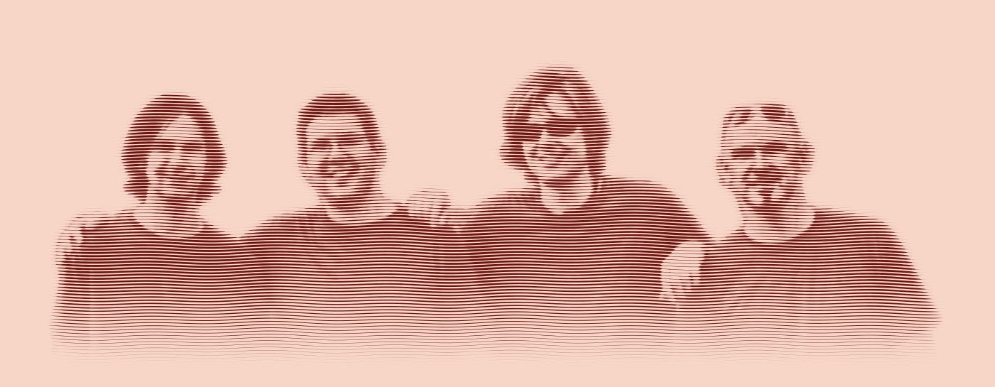 Engraved portrait of David Wilstermann, Chad Edgington, David Dewese and Scott Carpenter of The Luxury Liners in 2002, in matching T-shirts.