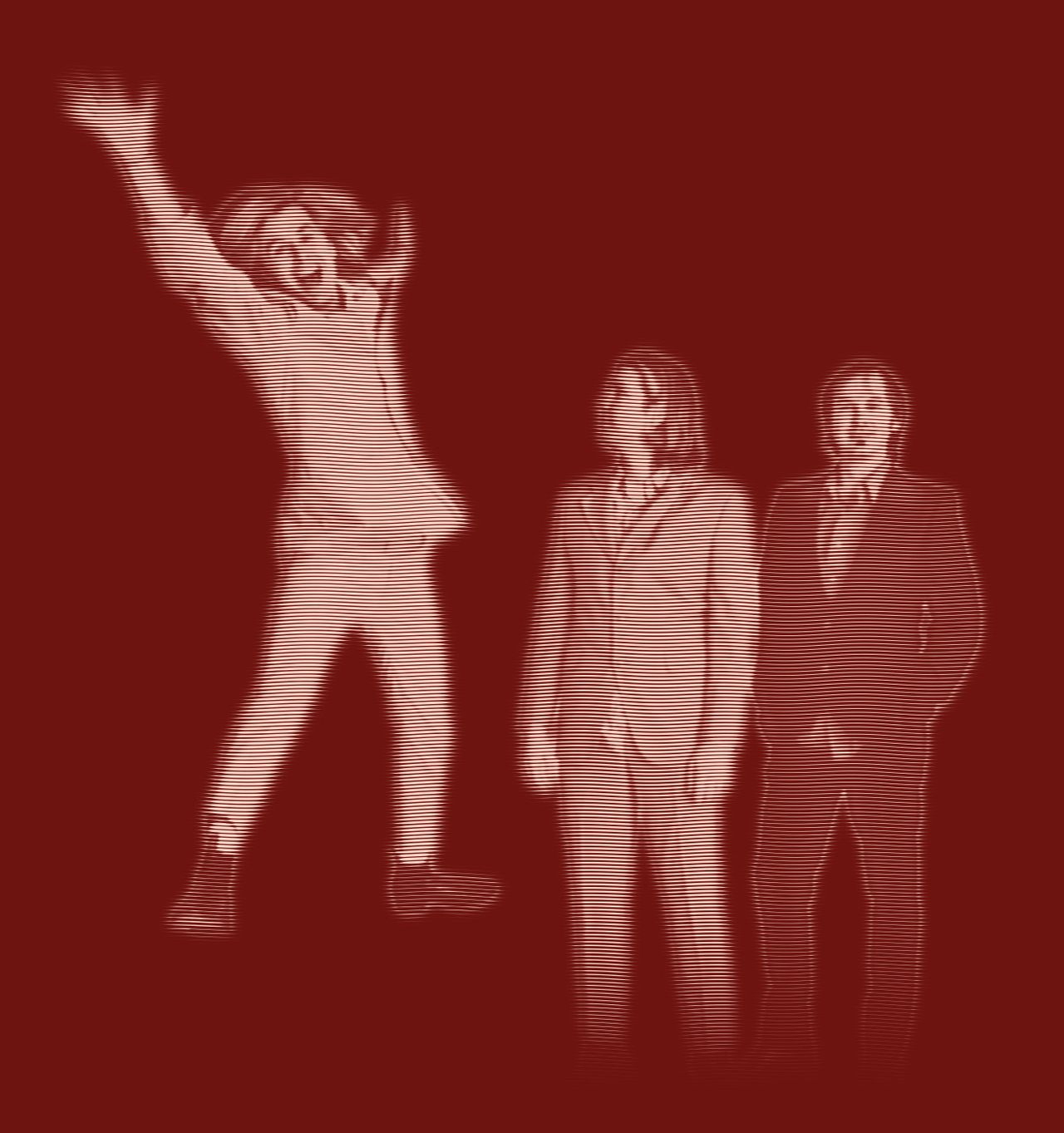Engraved portrait of The Luxury Liners in suits, c. 2000: David Dewese leaps in the air, one arm up, while two bandmates stand beside him.