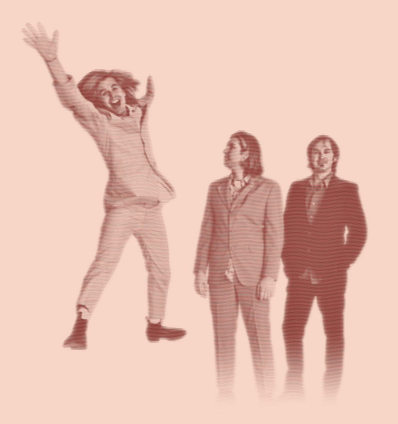 Engraved portrait of The Luxury Liners in suits, c. 2000: David Dewese leaps in the air, one arm up, while two bandmates stand beside him.
