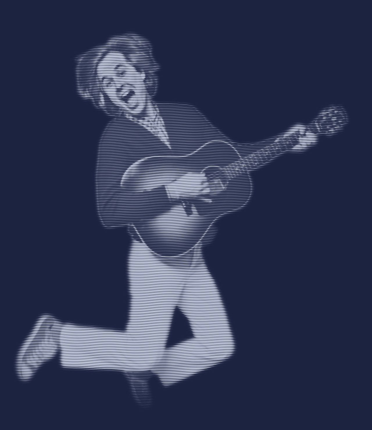 Engraved portrait of David Dewese leaping in the air mid-strum, mouth wide open, knees tucked up.