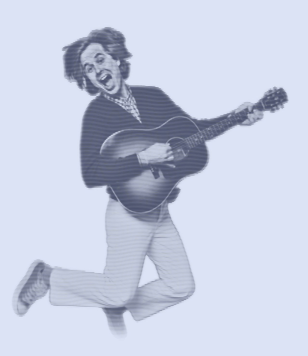 Engraved portrait of David Dewese leaping in the air mid-strum, mouth wide open, knees tucked up.