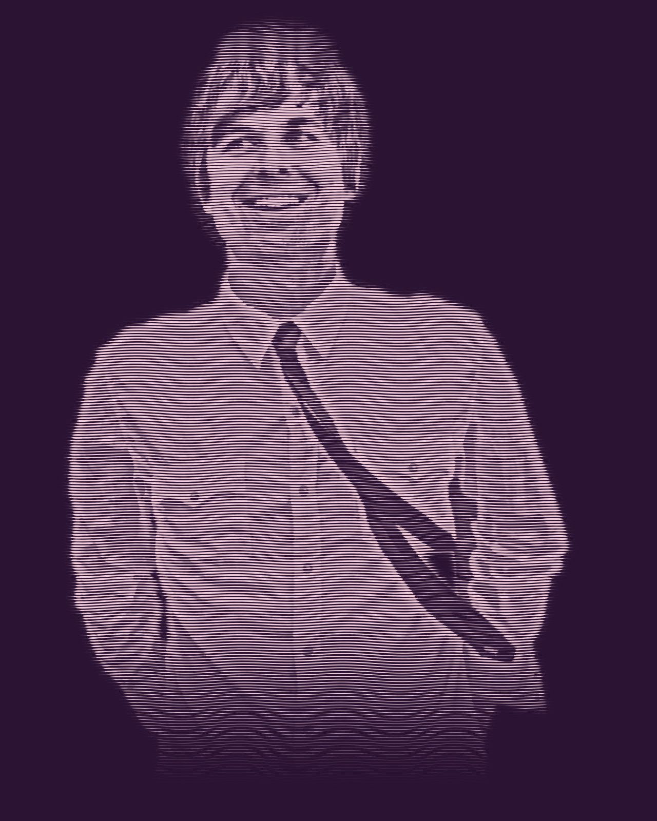 Engraved portrait of David Dewese smiling and looking upward, in a western shirt and a loosened tie.