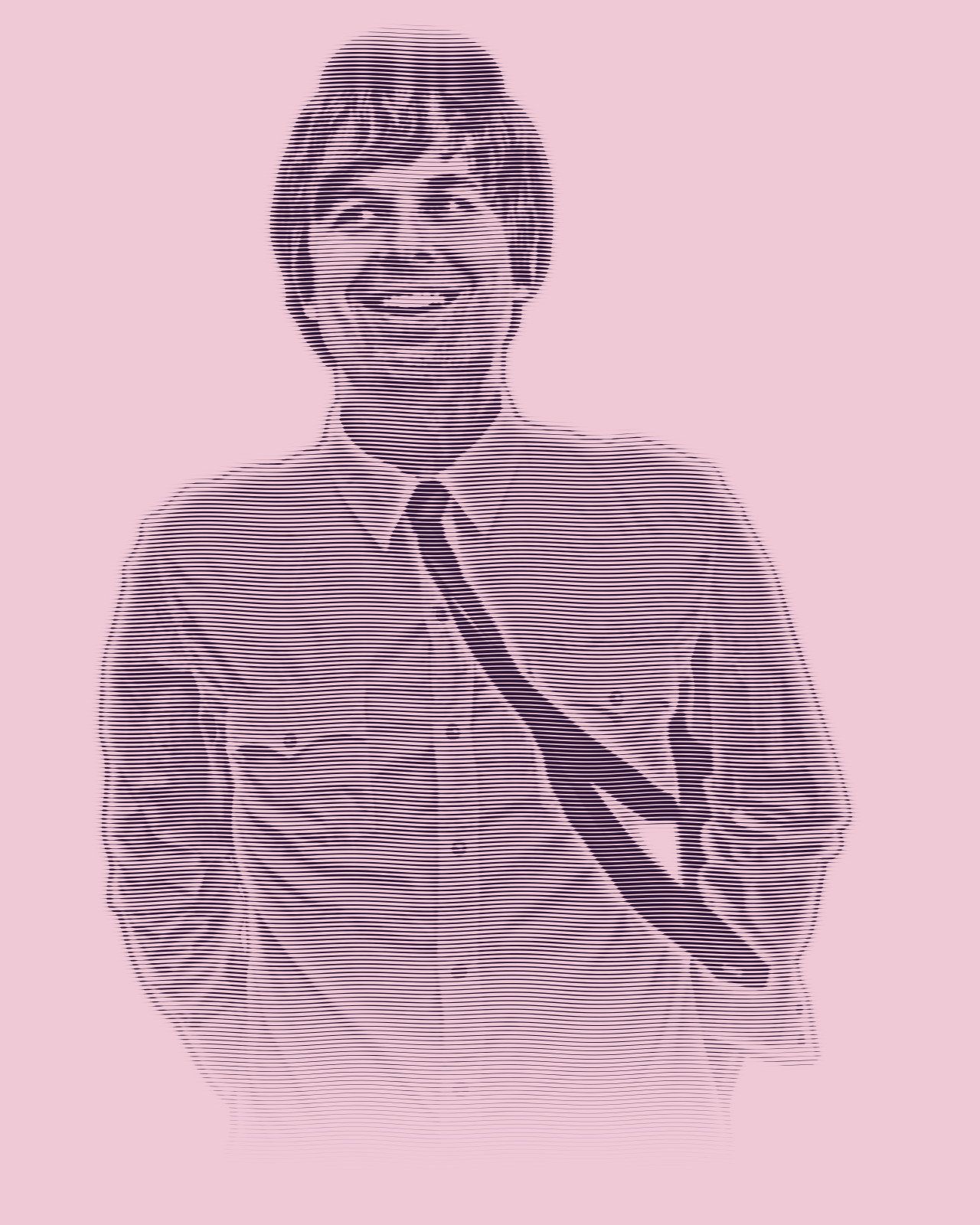 Engraved portrait of David Dewese smiling and looking upward, in a western shirt and a loosened tie.