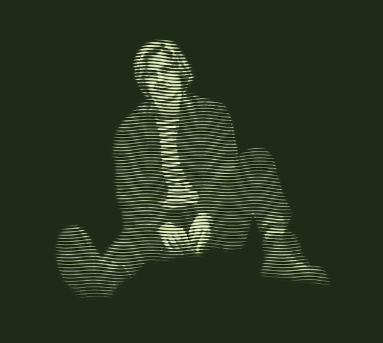 Engraved portrait of David Dewese sitting with his knees drawn up, in a jacket over a striped shirt, hands clasped between them.