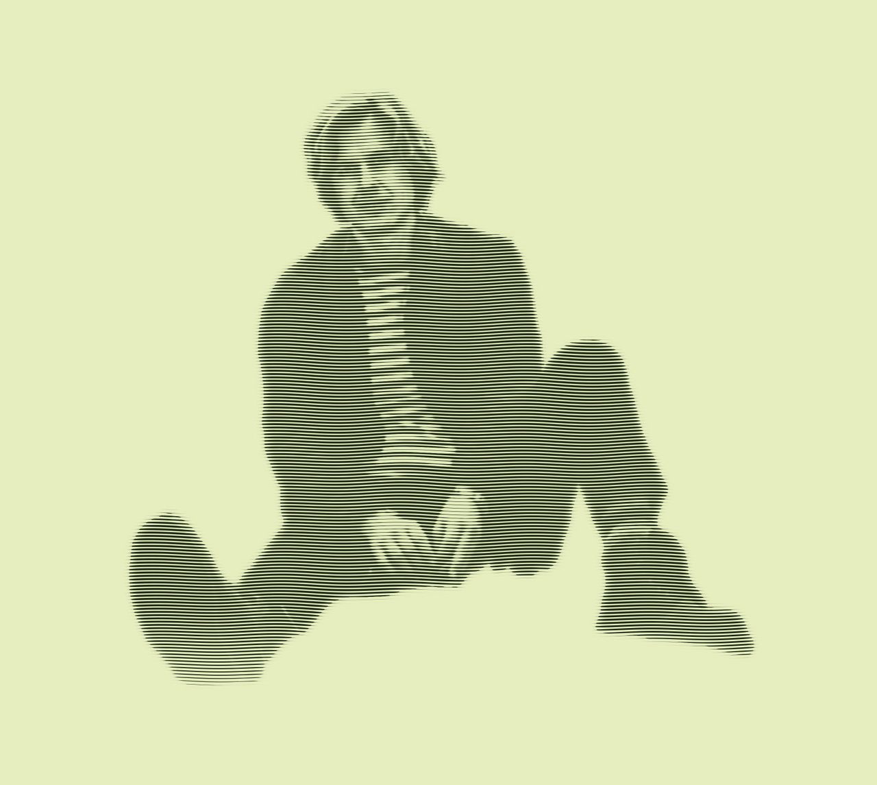 Engraved portrait of David Dewese sitting with his knees drawn up, in a jacket over a striped shirt, hands clasped between them.
